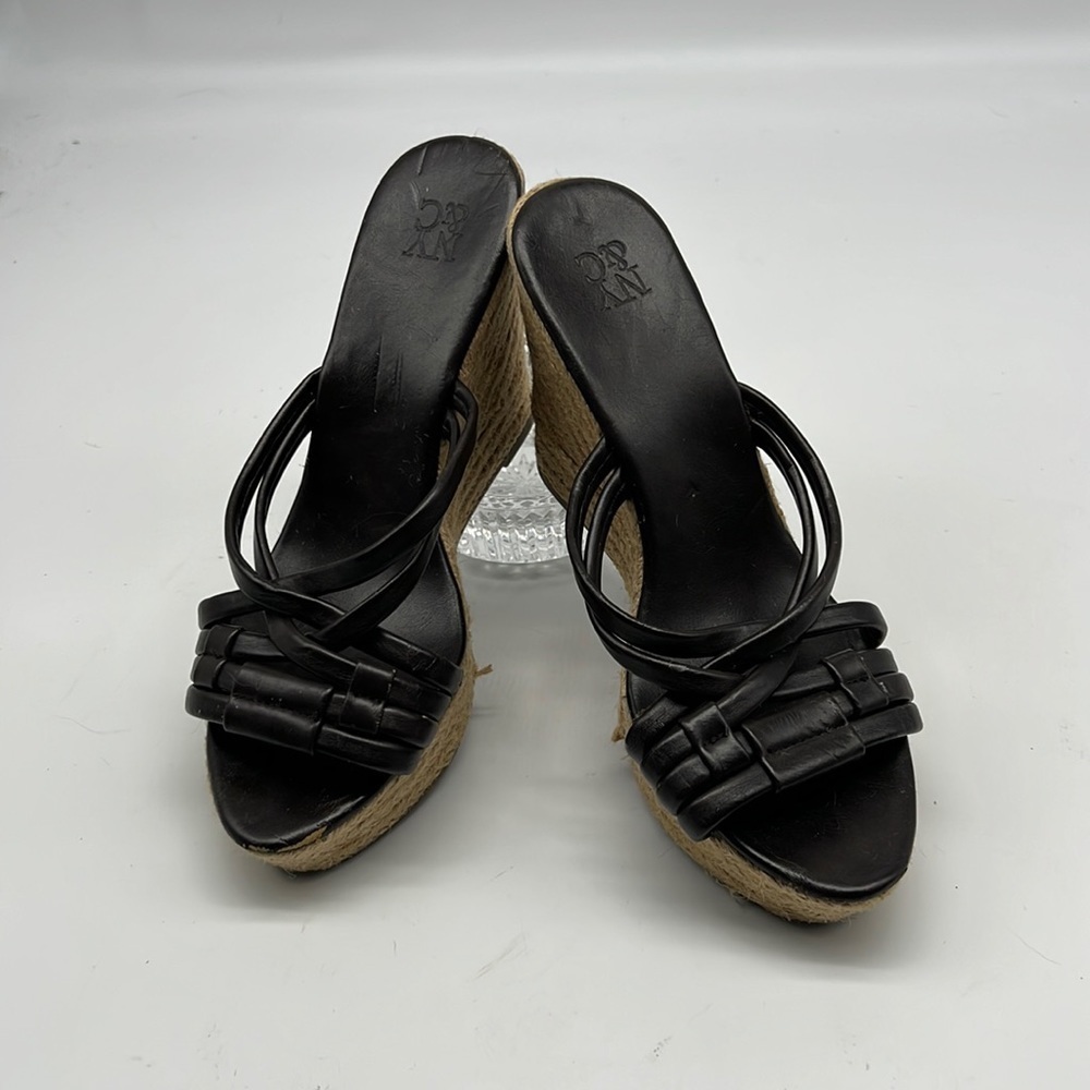 New York & Company Brown faux Leather Slip on Wedge Sandal size 6
